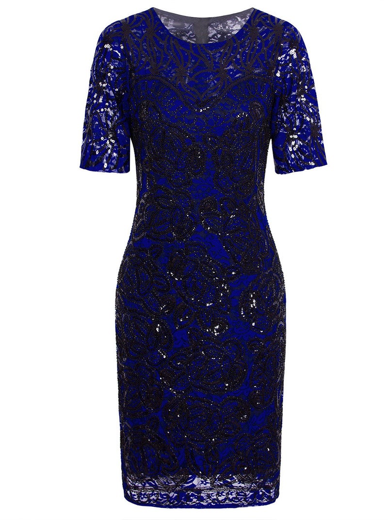 Vijiv Women Vintage Style Lace Beaded Cocktail Dress Sequin Great Gatsby Flapper Dress For Wedding Party With Sleeves,Blue,Large - Image 1